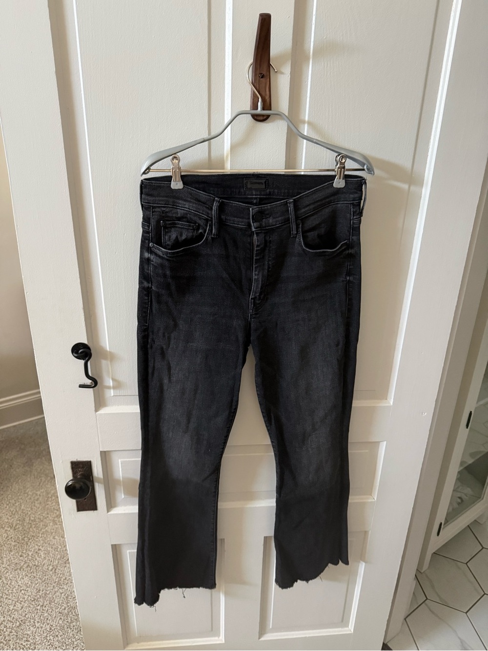 MOTHER Black Washed Skinny Jeans with Raw Hem